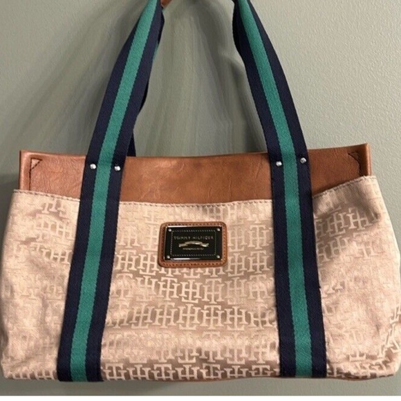 TOMMY HILFIGER MONOGRAM GREEN AND NAVY STRIPE PURSE - Picture 16 of 16